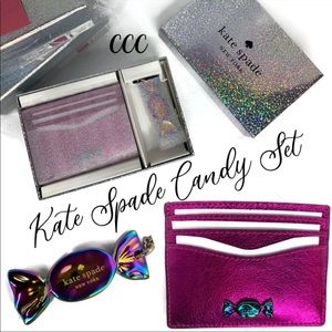 Kate Spade Candy Wrapper ID Metallic Pink Card Wallet and Matching Keychain Box